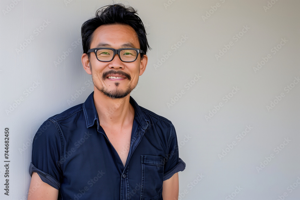 Confident and Creative Professional Man Wearing Glasses with a Subtle Smile Against a Clean Background Confident and Creative Professional Man Wearing Glasses with a Subtle Smile Against a Clean Background