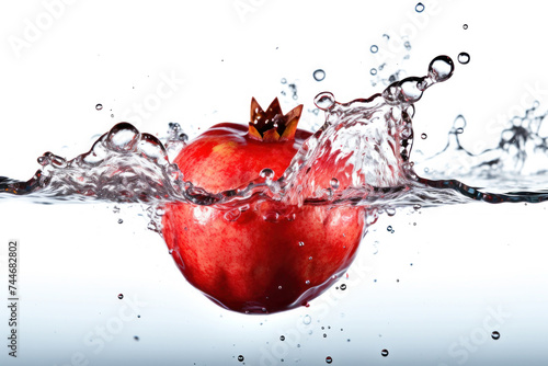 Vibrant pomegranate with arils exposed amidst a dynamic splash of water photo