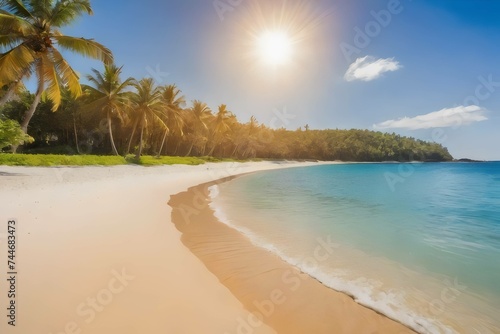 Tranquil tropical beach with crystal clear water, white sand, and palm trees swaying under a sunny blue sky. Generative ai © Faheem