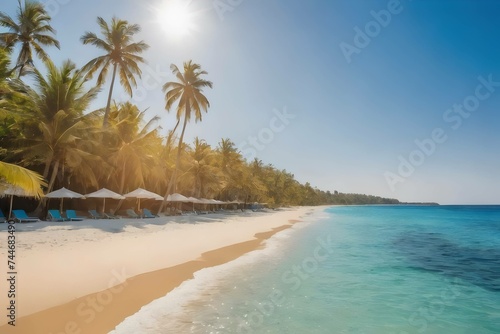 Tranquil tropical beach with crystal clear water, white sand, and palm trees swaying under a sunny blue sky. Generative ai