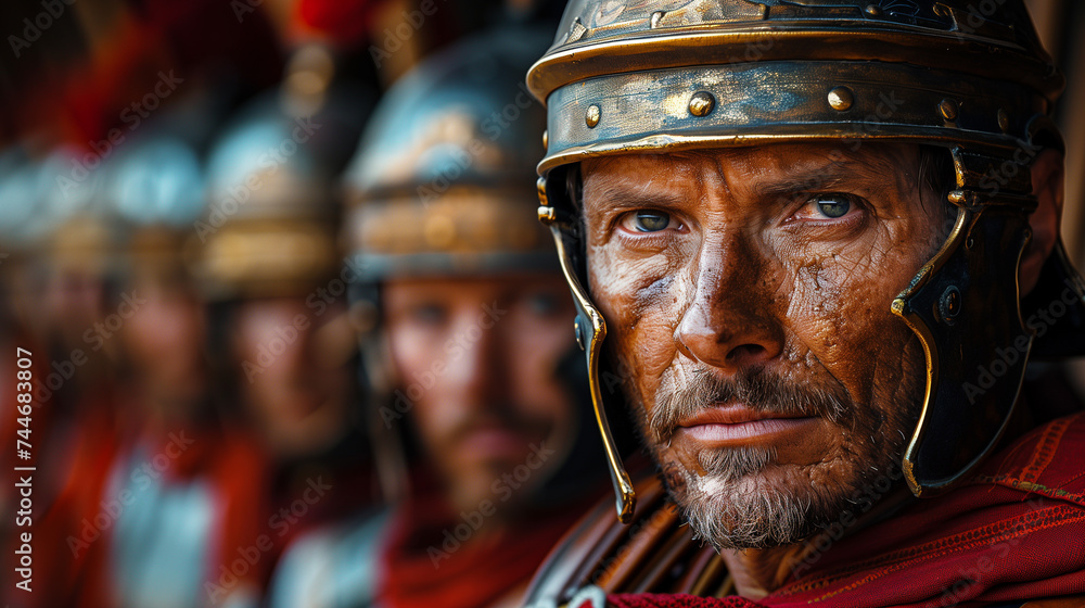 16:9 General at the front of a line of Roman warriors. - obrazy, fototapety, plakaty 