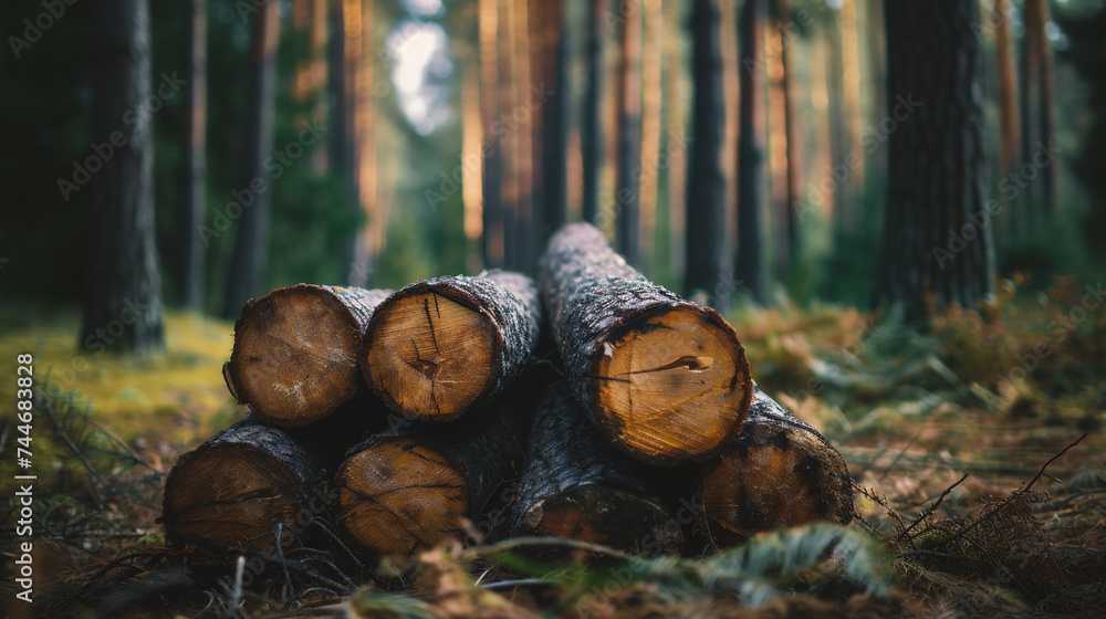 Pile of sawn tree trunks in forest. Nature background