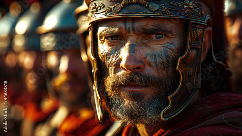 16:9 General at the front of a line of Roman warriors.