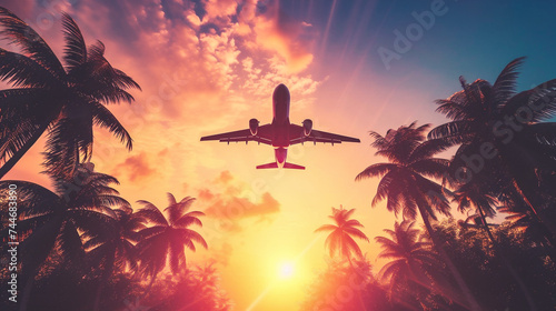 Silhouette of airplane flying over palm trees on sunset sky background