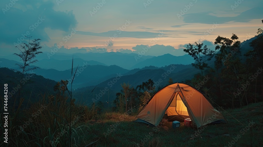 Travel and camping adventure lifestyle with outdoor tent 	