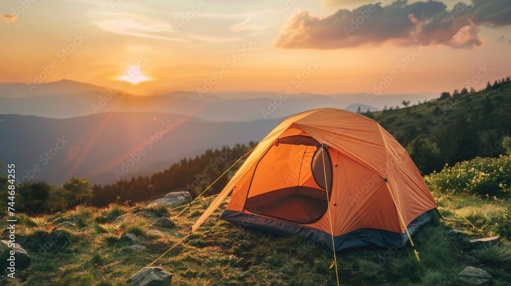 Travel and camping adventure lifestyle with outdoor tent 	