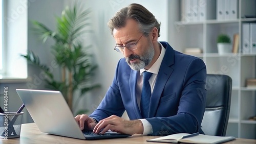 Serious and focused financier accountant on paper work inside office, mature man using calculator and laptop for calculating reports and summarizing accounts, businessman at work in suit. photo