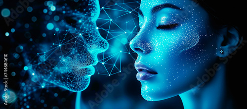 Abstract particle blue background, network line structure, digital futuristic, picture of the human face, shaped canvas, precisionist art, geometric shapes & patterns.