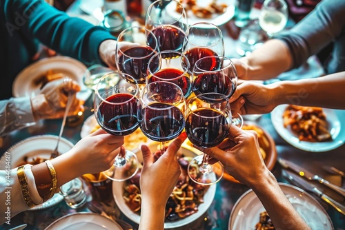 Happy friends toasting red wine glasses at dinner party. Group of people having lunch break at bar restaurant. Life style concept with guys and girls hanging out together. Generative AI photo
