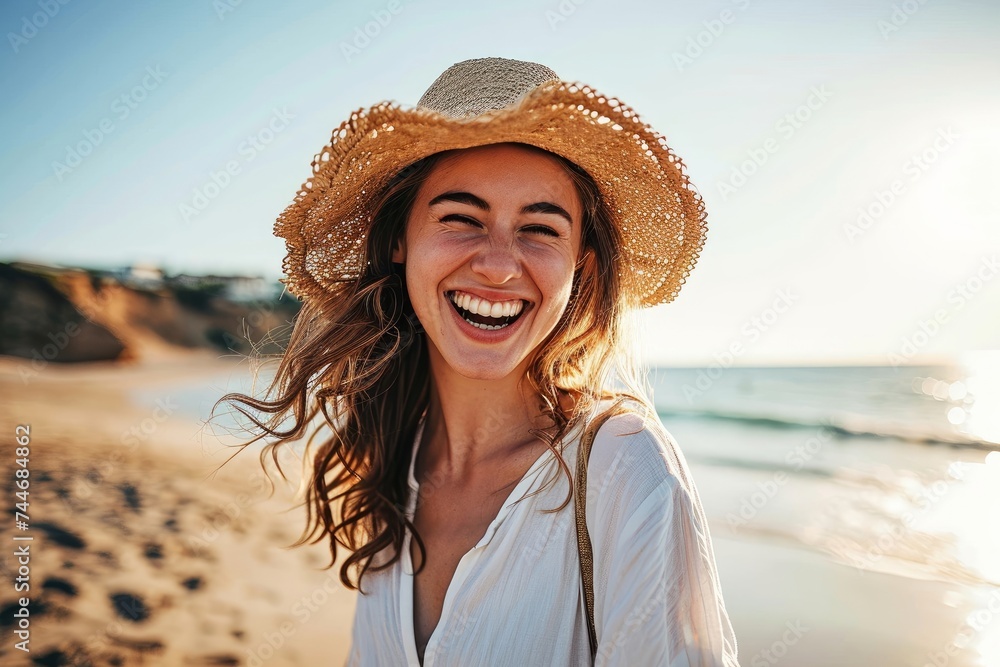 Young joyful woman in white shirt wearing hat smiling at camera on the beach. Traveler girl enjoying freedom outdoors on a sunny day. Wellbeing, healthy lifestyle and happy people, Generative AI