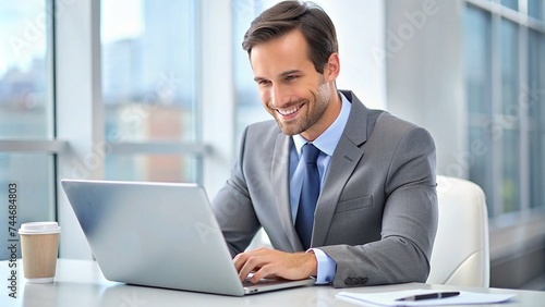 Successful satisfied businessman at workplace, boss in business suit typing on laptop keyboard, financier smiling, preparing sales report, experienced mature investor inside office at workplace.