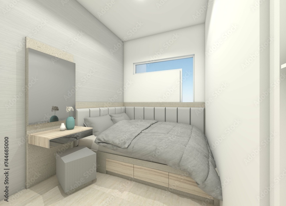 Minimalist Bedroom Design with Cushion Headboard and Dressing Table Minimalist Bedroom Design with Cushion Headboard and Dressing Table