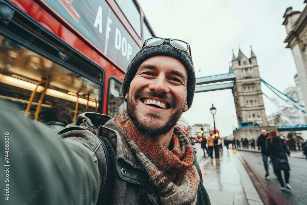 Smiling man taking selfie portrait during travel in London, England. Young tourist male taking memory pic with iconic england landmark. Happy people, Generative AI