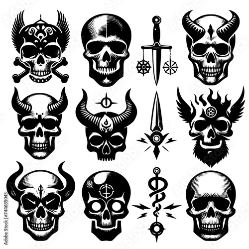 skull and sword icon set photo