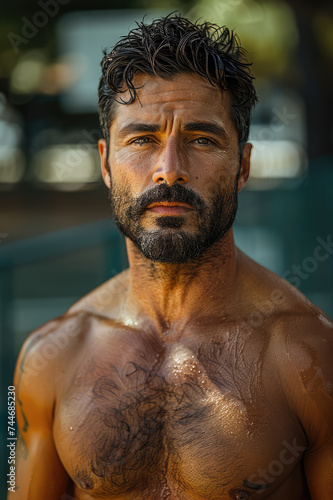 portrait of muscular latin man standing shirtless outdoors