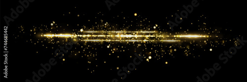 Abstract stylish flare light effect. Golden glowing neon line. Golden glow dust and glare. An explosion of light and glare.