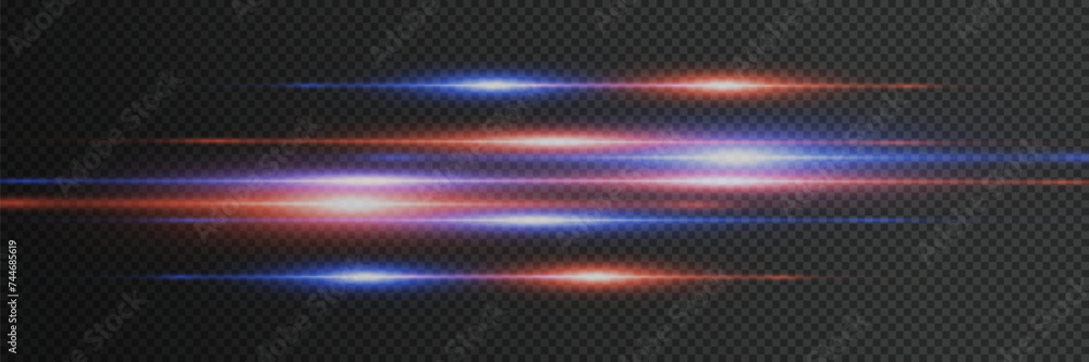 Red and blue special effect of laser beams. Horizontal light, speed movement. On a transparent background.