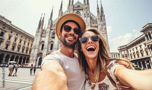 Happy couple taking selfie in front of Duomo cathedral in Milan, Lombardia. Two tourists having fun on romantic summer vacation in Italy. Holidays and traveling lifestyle, Generative AI