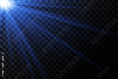 Starlight flash with flare effect. Blue rays of light and glare. On a transparent background.