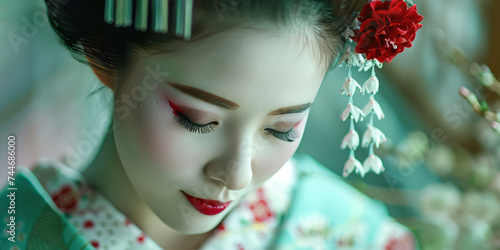 Geisha Grace, Serene Beauty. Close-up of a young asian woman geisha's face with detailed makeup, showcasing cultural elegance.