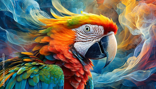 Visage d'un ara avec des éclaboussures de peinture colorée, perroquet