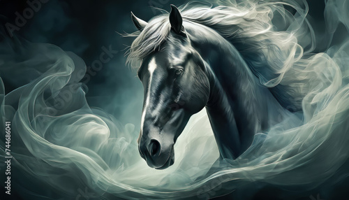 Etalon noir en mouvement sous une ondulation de fumées blaches et grises, cheval photo