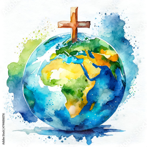 Aquarelle de la plan  te Terre avec la croix de Jesus  christainisme