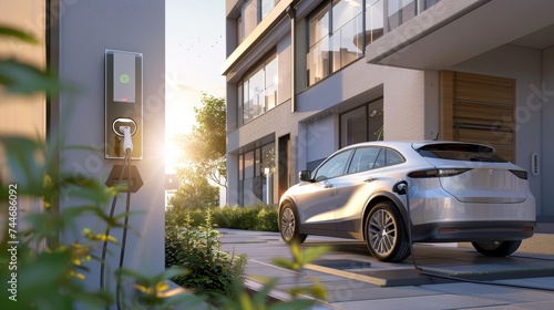 A silver electric vehicle is parked in front of a contemporary residential building, charging from a wallbox photo