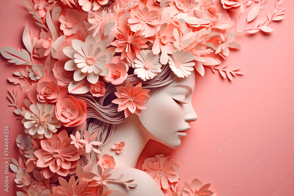 Girl with flowers on her head isolated on pink background in studio. generative AI