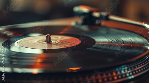 Close-up of a spinning vinyl record on a turntable, capturing the warm analog sound and nostalgia of a bygone musical era.