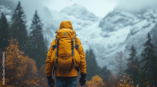 Back view of a lone hiker with a bright yellow backpack looking towards majestic snow-covered mountains amidst falling snowflakes.