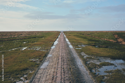 Brick Path into wadden sea at westerhever in germany. High quality photo