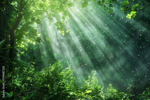 Sun rays shining through forest 