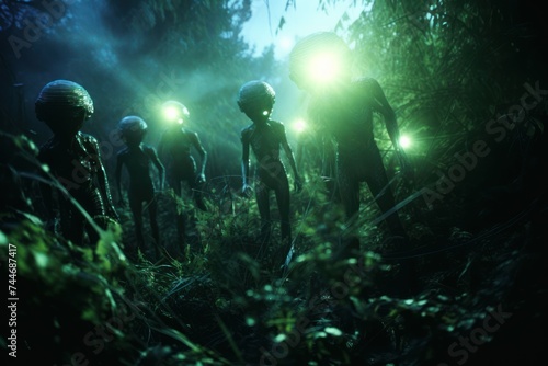 alien spaceport anomalous zone, group of aliens searching for monkeys in a dense bush