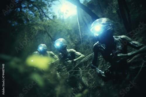 close-up view of a group of aliens searching for monkeys in a dense bush
