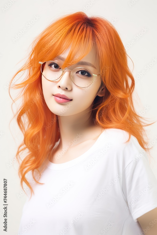 Stylish Chinese Girl with Orange Hair and Golden Glasses in White Outfit Stylish Chinese Girl with Orange Hair and Golden Glasses in White Outfit