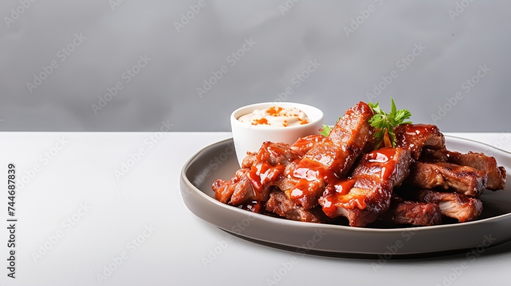 Grilled pork ribs in Barbecue sauce on white plate top view, Image for Cafe and Restaurant Menus Grilled pork ribs in Barbecue sauce on white plate top view, Image for Cafe and Restaurant Menus