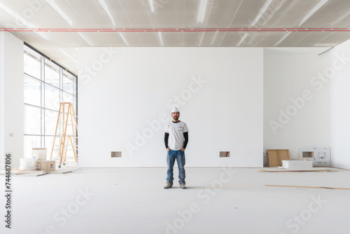 white empty minimalists style interior captured in the process of renovation with a figure of worker in the middle © whitehoune