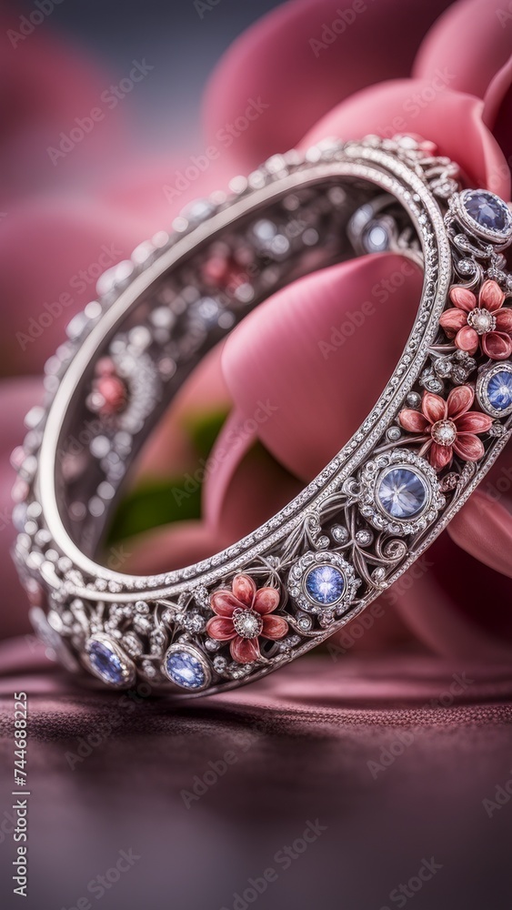 Jewelry ring with precious stones on a background of pink flowers Jewelry ring with precious stones on a background of pink flowers