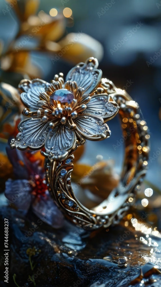 Obraz premium Jewelry in the form of a flower on a dark background
