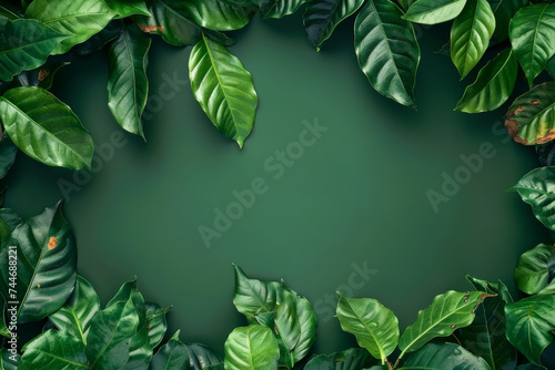Green coffee leaves picture frame top view with green background, arabica coffee leaf background.