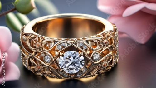 Wedding ring with precious stones and flowers on a dark background