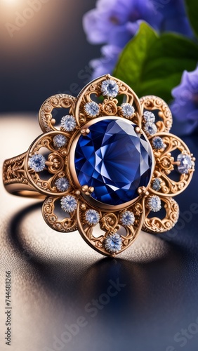 Jewelry ring with blue sapphire and blue flowers on dark background