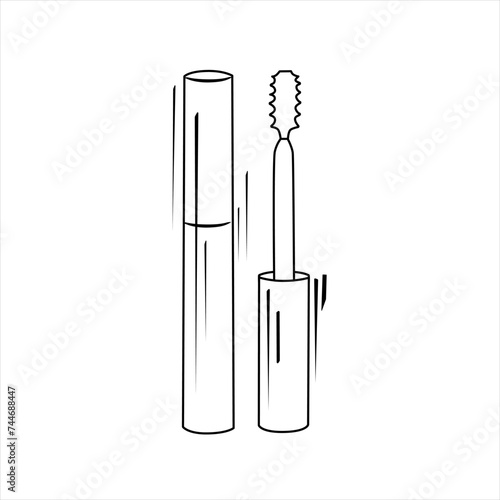Vector black outline mascara with brush. Isolated contour cosmetic illustration . Makeup side view.