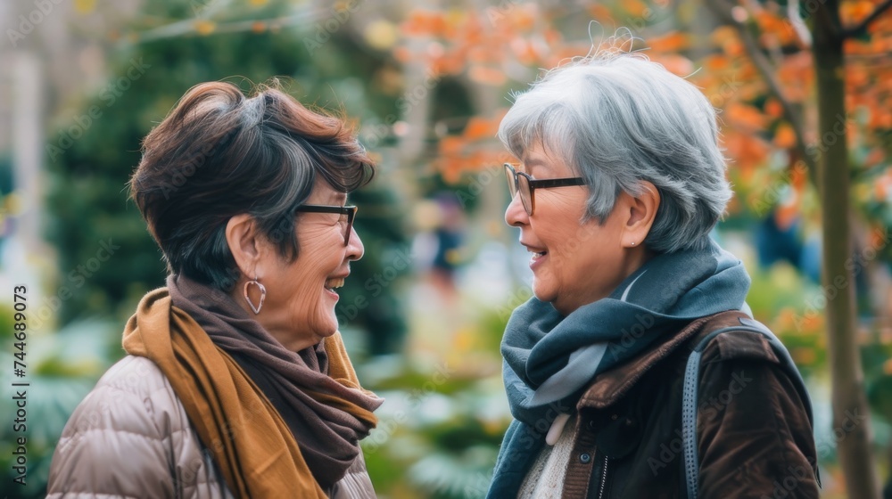Fototapeta premium Comedy, laughing and senior woman friends walk outdoor nature park together for bonding during retirement. Smiling and funny old ladies. Happy group of elderly people in garden.