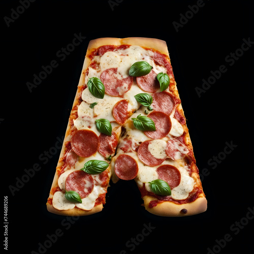 Alphabet A made from pizza on black background, Generative AI