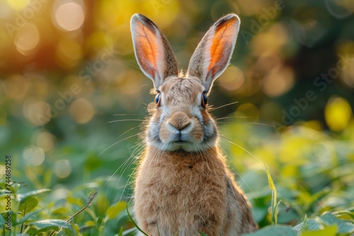 A domestic bunny stands out in the green field, blending in with the wildlife as a symbol of resilience and adaptability in its natural habitat