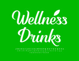Vector healthy concept Wellness Drinks with decorative Leaf. White cursive Font. Elegant Alphabet Letters and Numbers set.