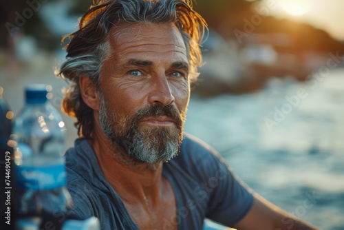 A rugged man with a distinguished beard and mustache gazes stoically into the distance, his face weathered by the elements as he stands near a tranquil body of water