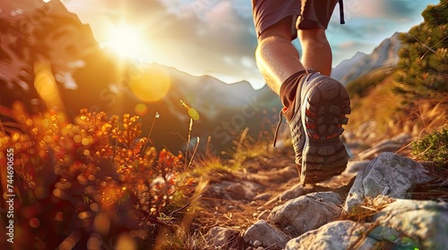 Trekking. Men's legs with sports shoes and a backpack run along a mountain path. Travel and camping adventure lifestyle with outdoor activity  photo
